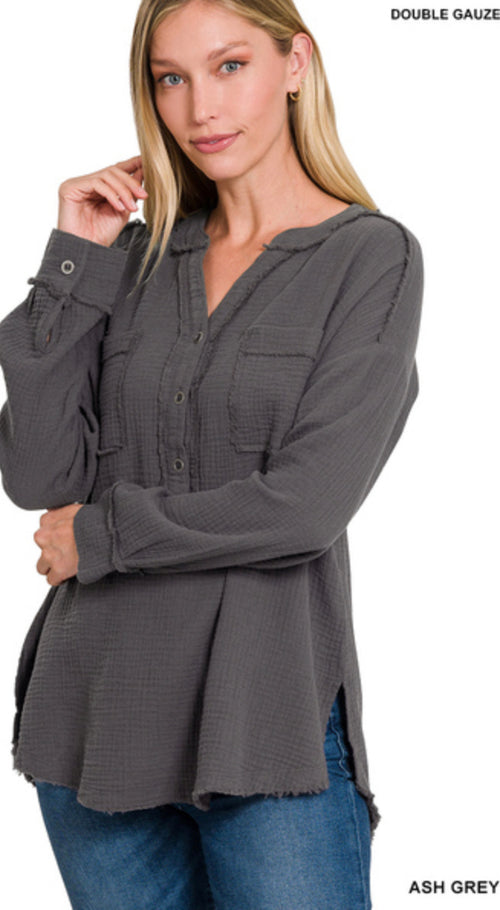 Double  Up Gauzy Henley Top