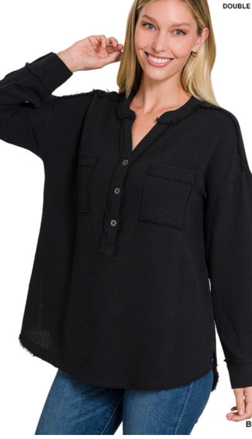 Double  Up Gauzy Henley Top