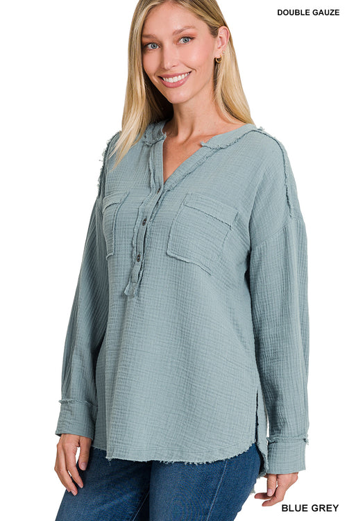 Double  Up Gauzy Henley Top