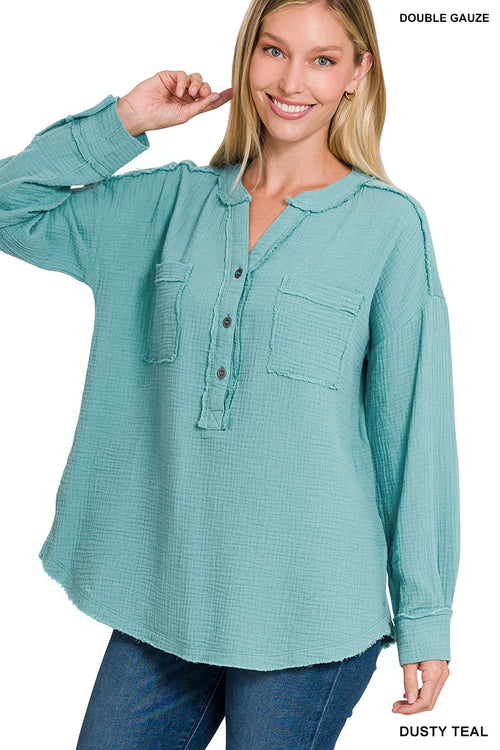 Double  Up Gauzy Henley Top