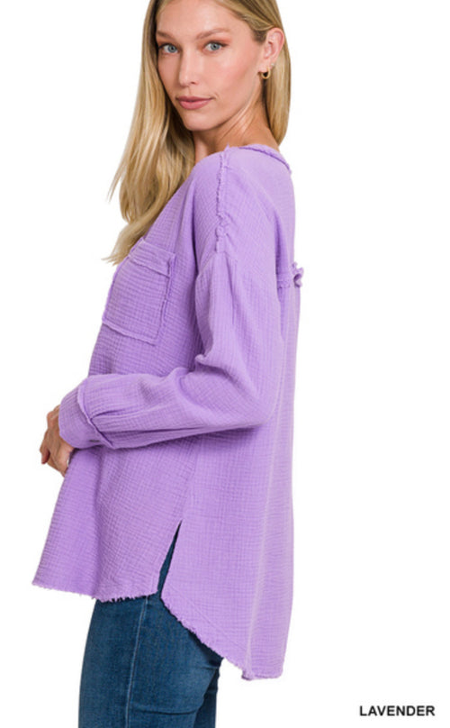 Double  Up Gauzy Henley Top