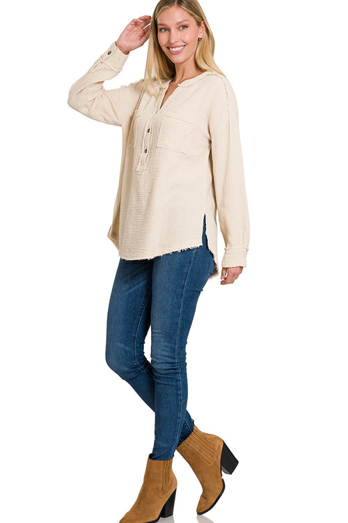 Double  Up Gauzy Henley Top