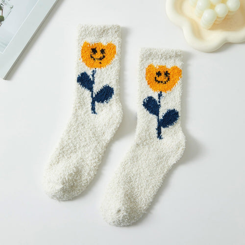 Knit Flower Print  Plush Socks