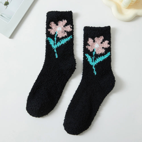 Knit Flower Print  Plush Socks