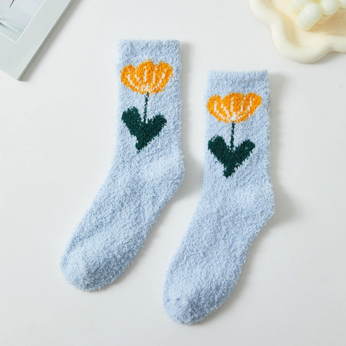Knit Flower Print  Plush Socks