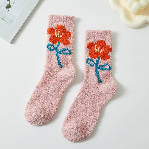 Knit Flower Print  Plush Socks