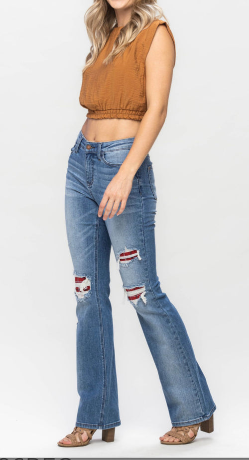 Judy Blue Livin' in Plaid Patch Mid Rise Boot Cut Jean