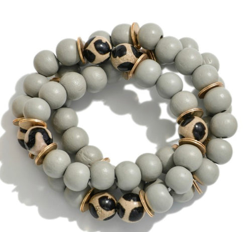 Set of Three Beaded Stretch Bracelet Featuring Wood, Disc, and Painted Honeycomb Beads