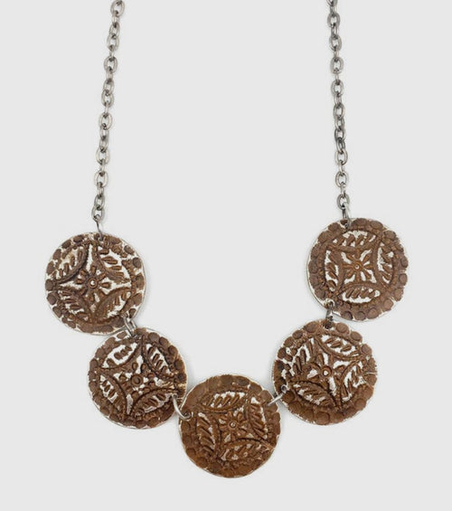 Silver Patina Necklace-Five Brown Medallions