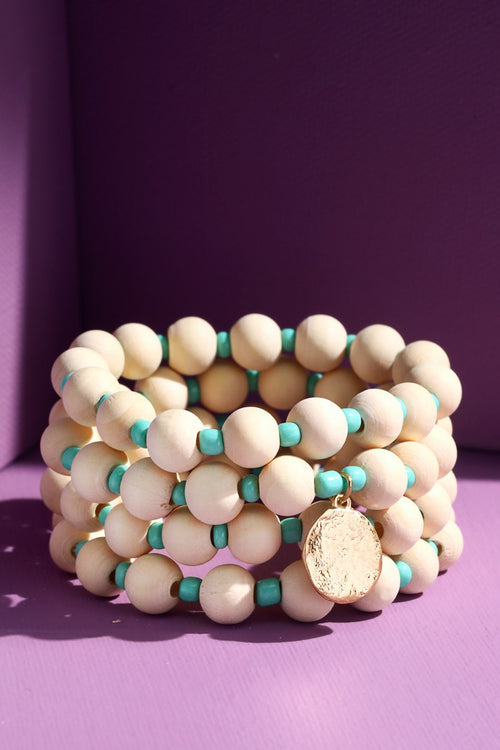 Wood Bead Bracelet with Colored Accents set of 4