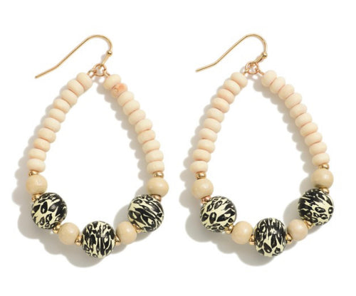 Wood Beaded Teardrop Earrings Featuring Animal Print Beads