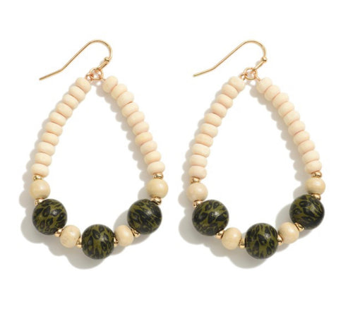 Wood Beaded Teardrop Earrings Featuring Animal Print Beads