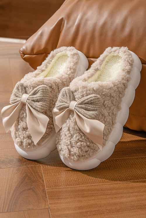 Contrast Bowknot Applique Plush Winter Slippers