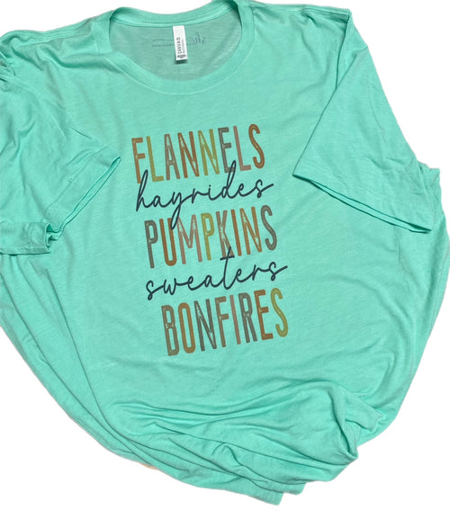 Flannels Hayrides Pumpkins sweaters and bonfires Sublimated T-Shirt