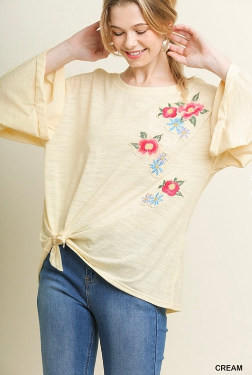 Floral Applique Long Wide Rolled Sleeve round neck with side tie