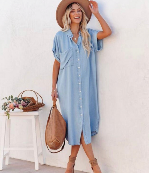 Short Sleeve Loose Panel Slit Shirt Dress